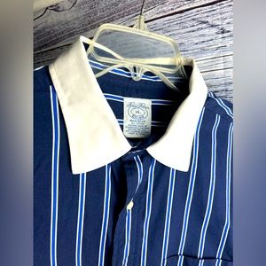 Brooks Brothers Mens Button Up polo style white collar blue striped vintage.